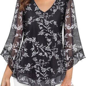 Womens Blouse Mesh Double Layers Flowy Fitted Casual Work Tops Retro